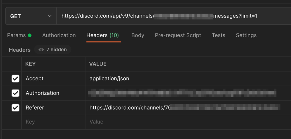 Discord request required 3 header parameters - Accept, Authorization, Referer